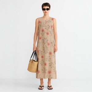 Vintage 90s Silk Floral Maxi Sun Dress Size 14 Tan Red Boho Cottage